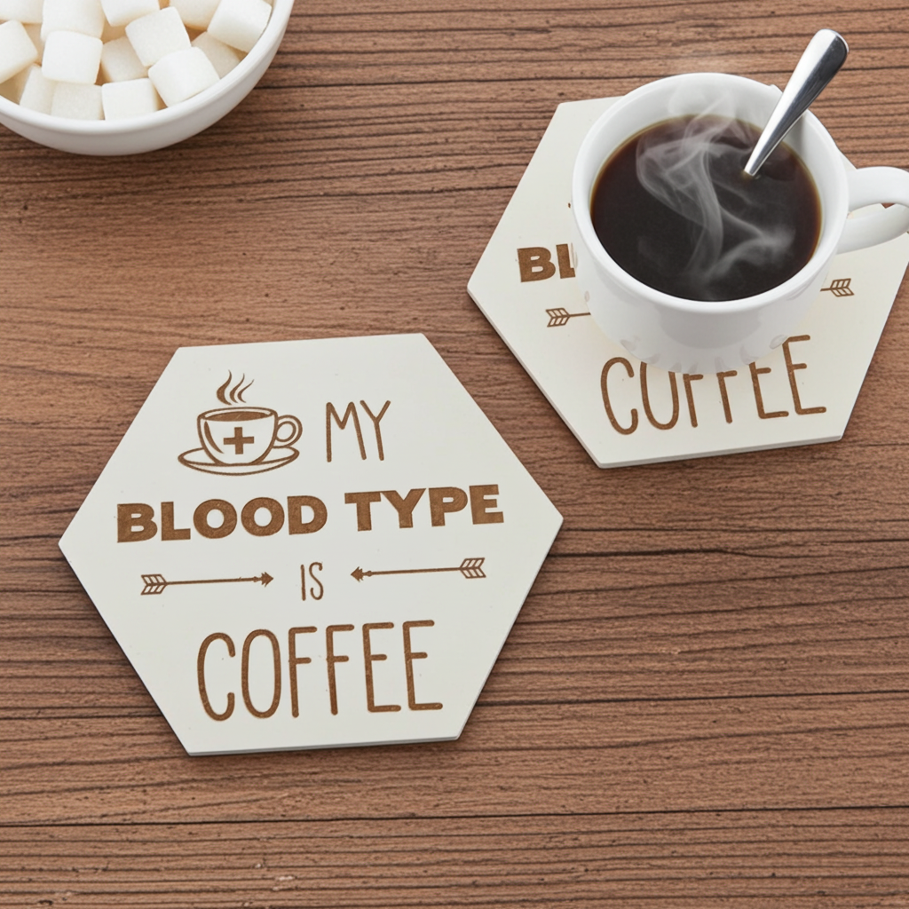 Set of 6, Coffee Themed Hexagon White Topped Drink Coasters, 9cms, with bumper feet.