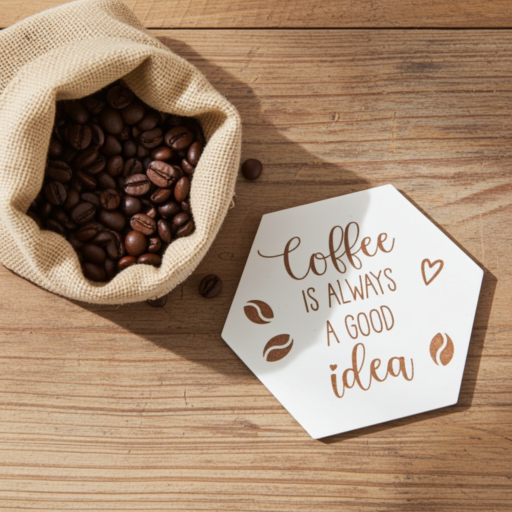 Set of 6, Coffee Themed Hexagon White Topped Drink Coasters, 9cms, with bumper feet.