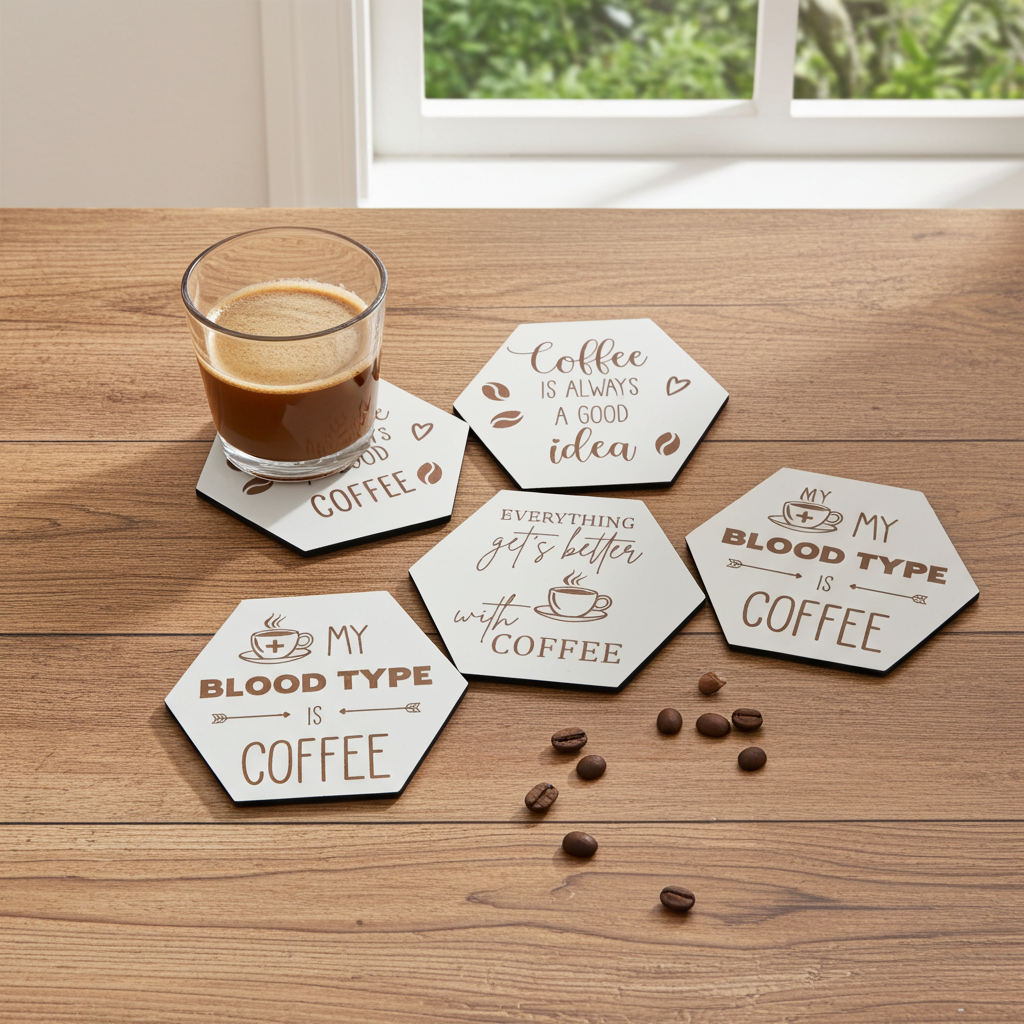Set of 6, Coffee Themed Hexagon White Topped Drink Coasters, 9cms, with bumper feet.