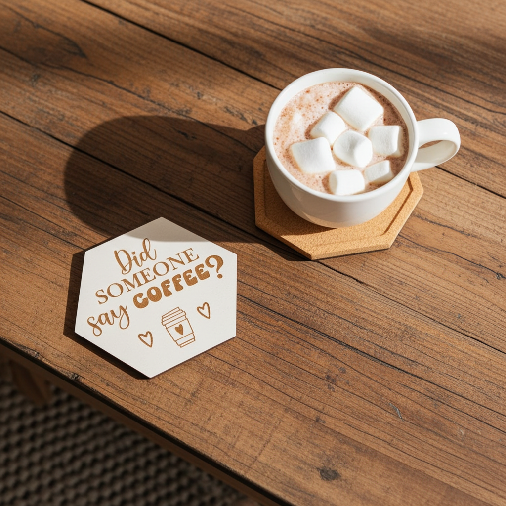 Set of 6, Coffee Themed Hexagon White Topped Drink Coasters, 9cms, with bumper feet.
