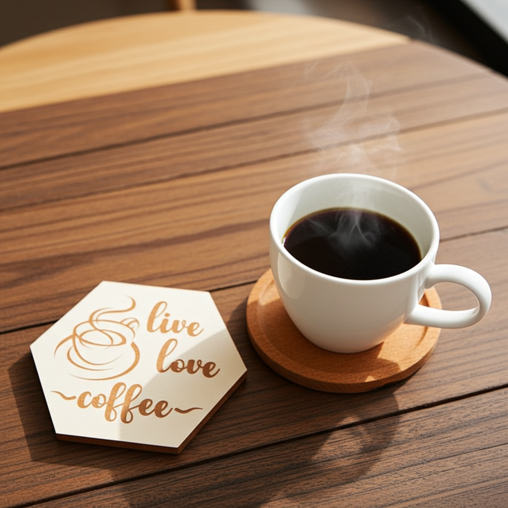 Set of 6, Coffee Themed Hexagon White Topped Drink Coasters, 9cms, with bumper feet.