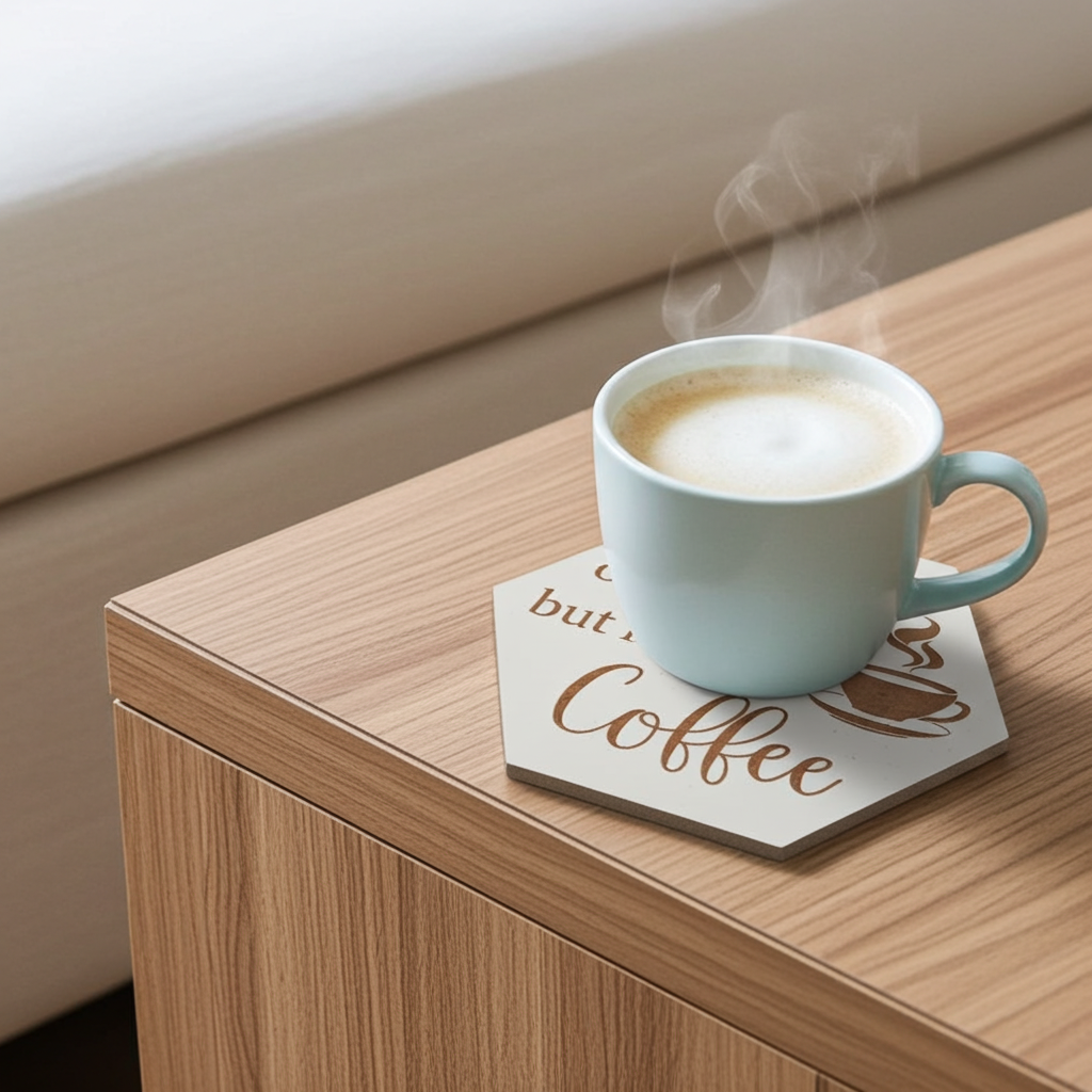 Set of 6, Coffee Themed Hexagon White Topped Drink Coasters, 9cms, with bumper feet.