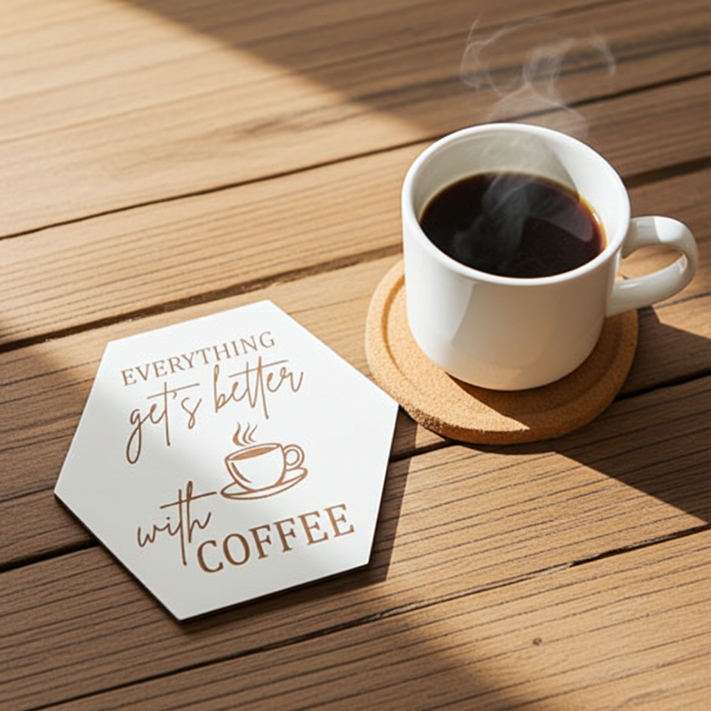 Set of 6, Coffee Themed Hexagon White Topped Drink Coasters, 9cms, with bumper feet.