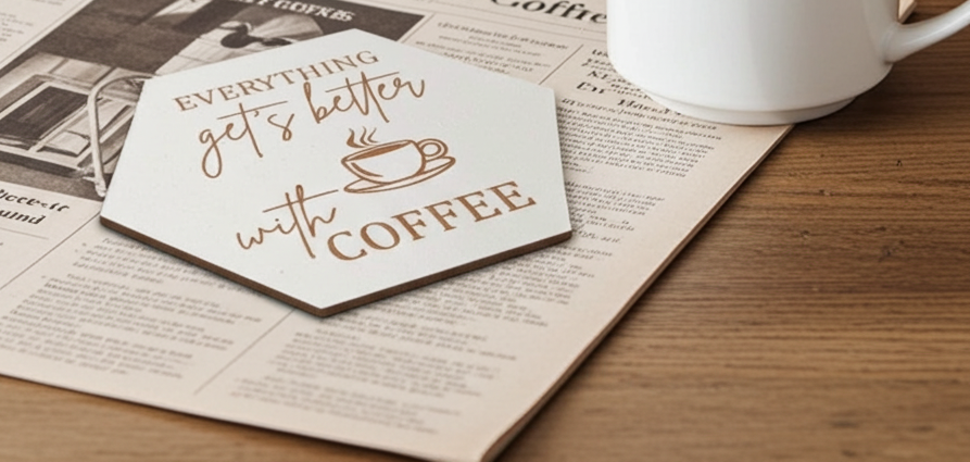 Set of 6, Coffee Themed Hexagon White Topped Drink Coasters, 9cms, with bumper feet.