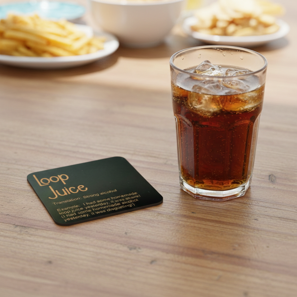 Set of 6, Drink Coasters, County of Kent Unique Meanings and Slang, Black Topped Wood, with bumper feet.