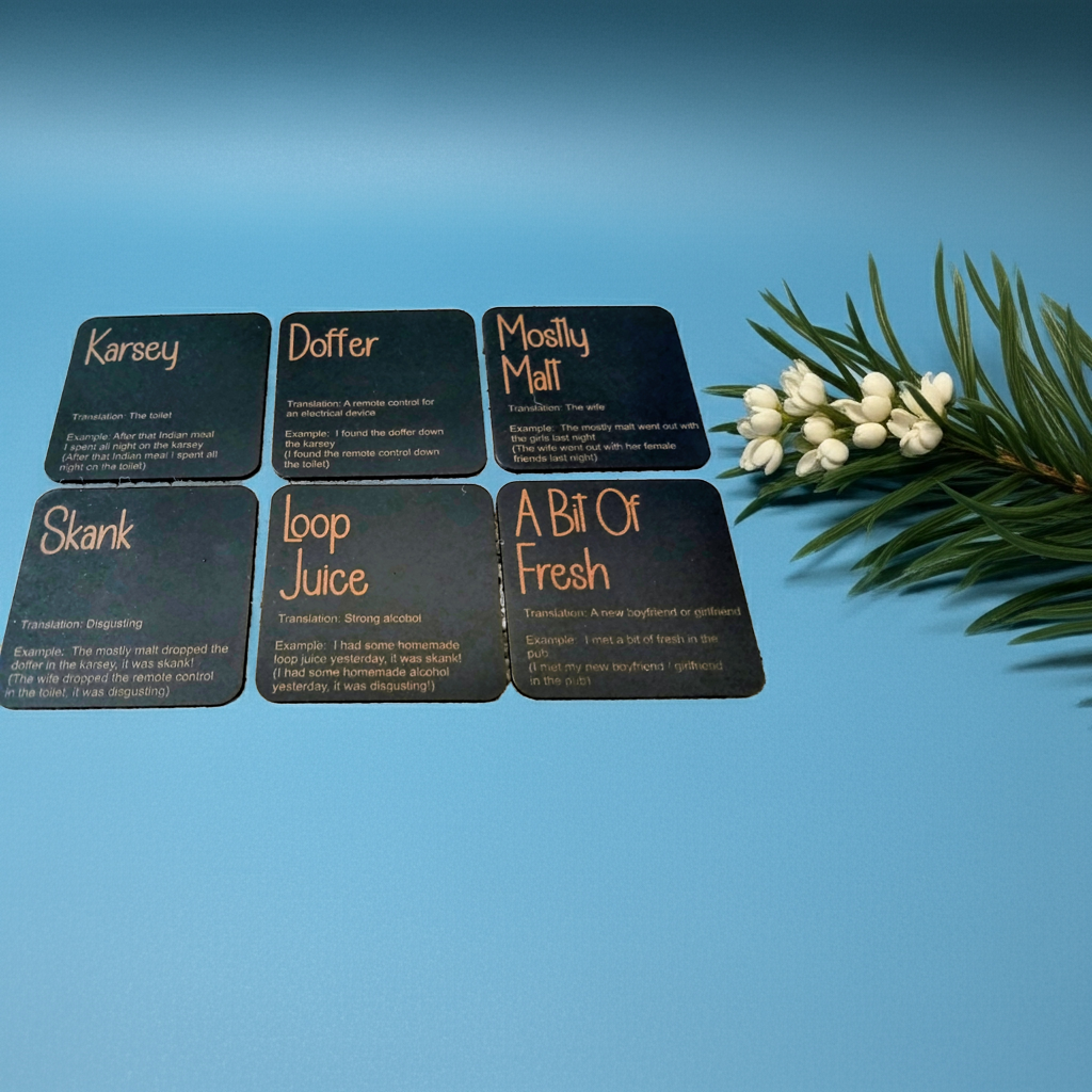 Set of 6, Drink Coasters, County of Kent Unique Meanings and Slang, Black Topped Wood, with bumper feet.