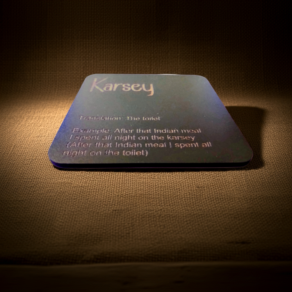 Set of 6, Drink Coasters, County of Kent Unique Meanings and Slang, Black Topped Wood, with bumper feet.