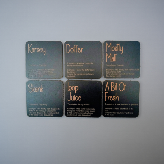 Set of 6, Drink Coasters, County of Kent Unique Meanings and Slang, Black Topped Wood, with bumper feet.