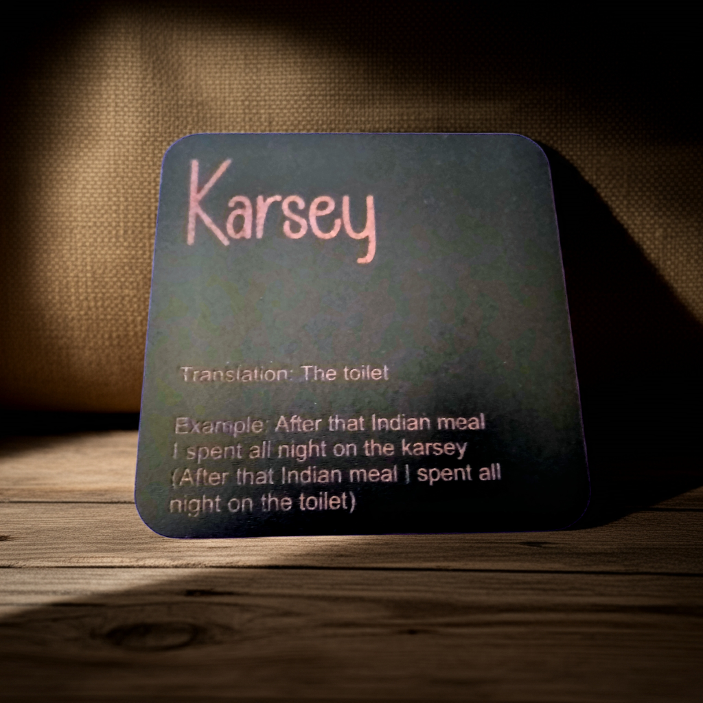Set of 6, Drink Coasters, County of Kent Unique Meanings and Slang, Black Topped Wood, with bumper feet.