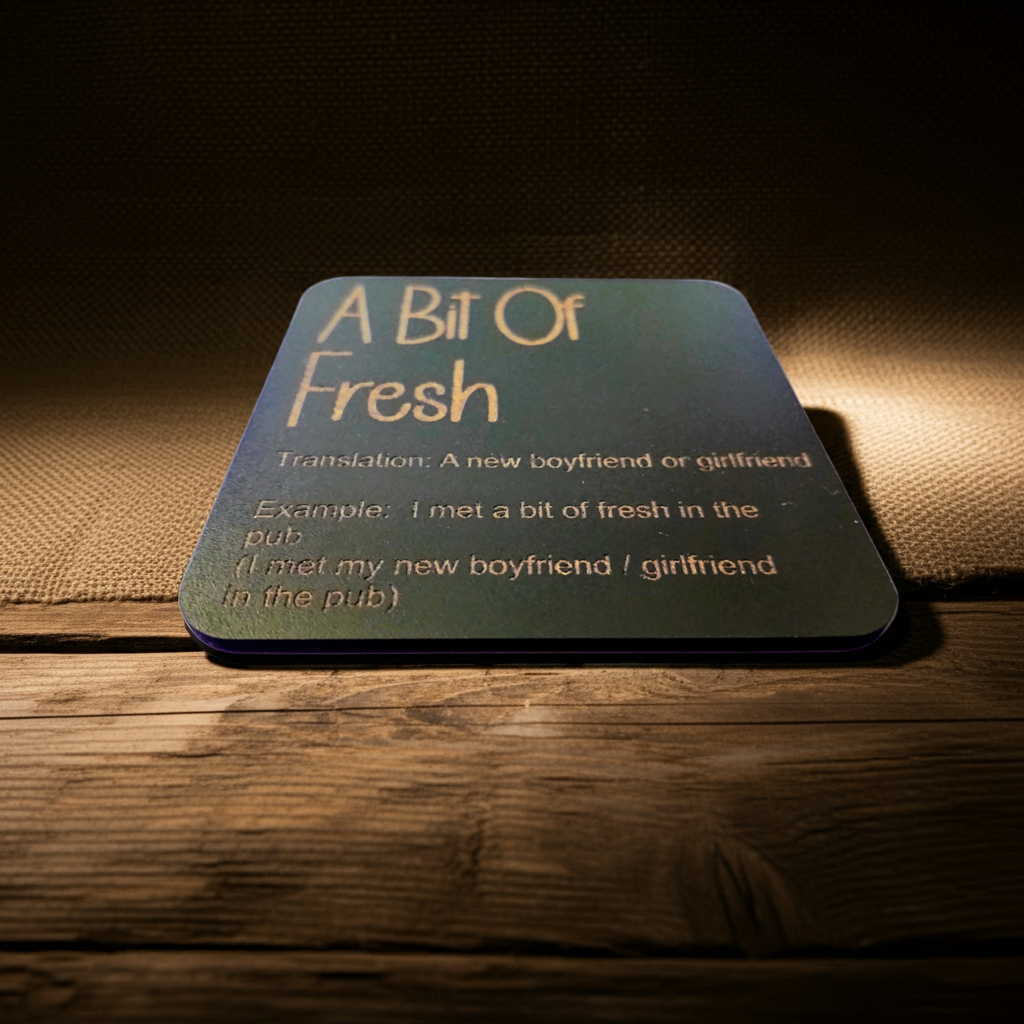 Set of 6, Drink Coasters, County of Kent Unique Meanings and Slang, Black Topped Wood, with bumper feet.