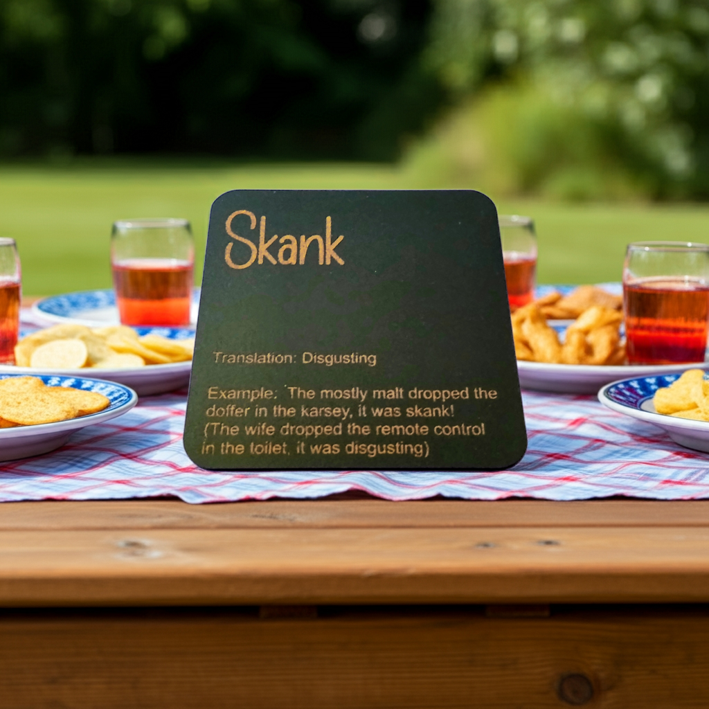 Set of 6, Drink Coasters, County of Kent Unique Meanings and Slang, Black Topped Wood, with bumper feet.