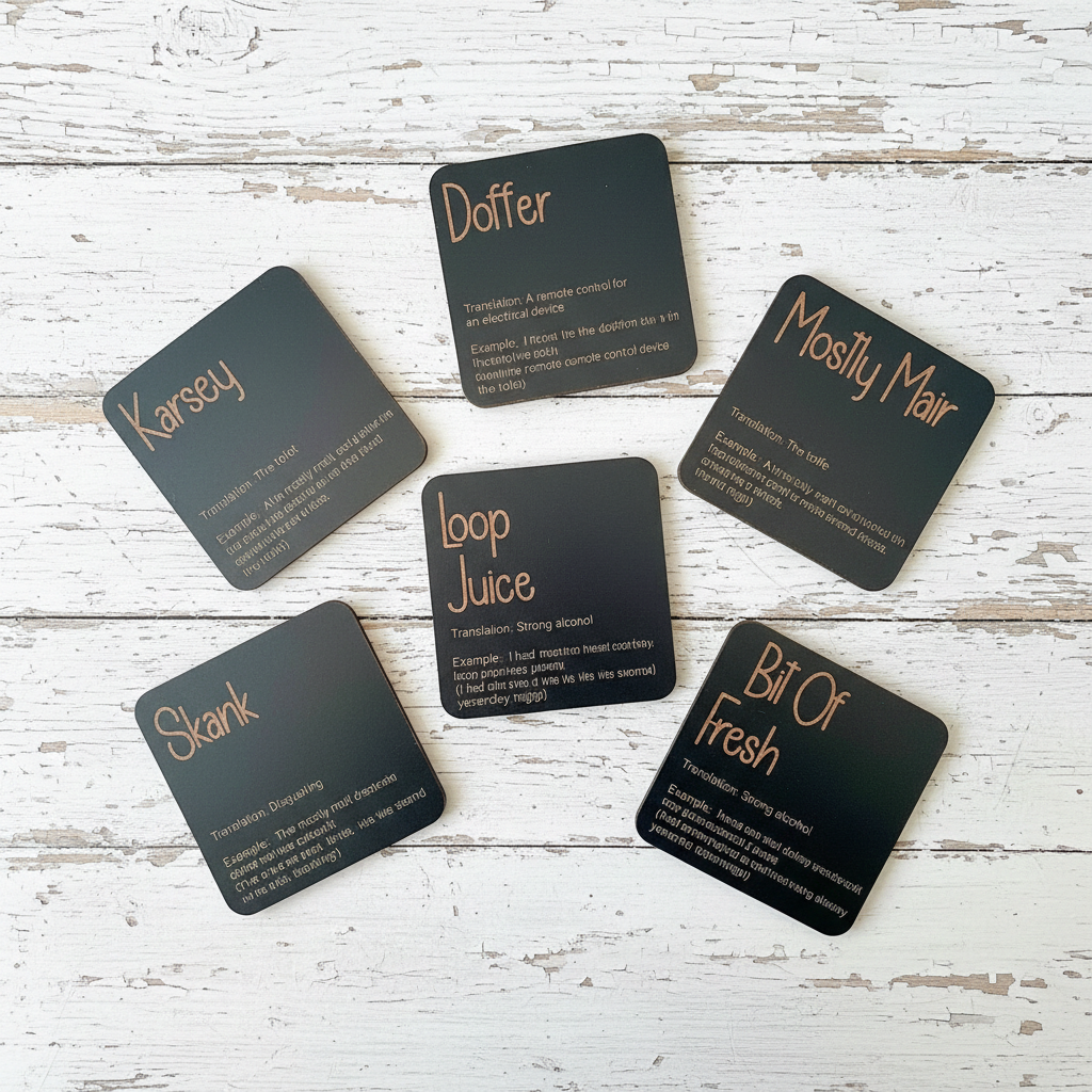 Set of 6, Drink Coasters, County of Kent Unique Meanings and Slang, Black Topped Wood, with bumper feet.