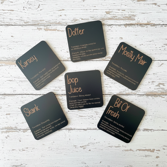 Set of 6, Drink Coasters, County of Kent Unique Meanings and Slang, Black Topped Wood, with bumper feet.