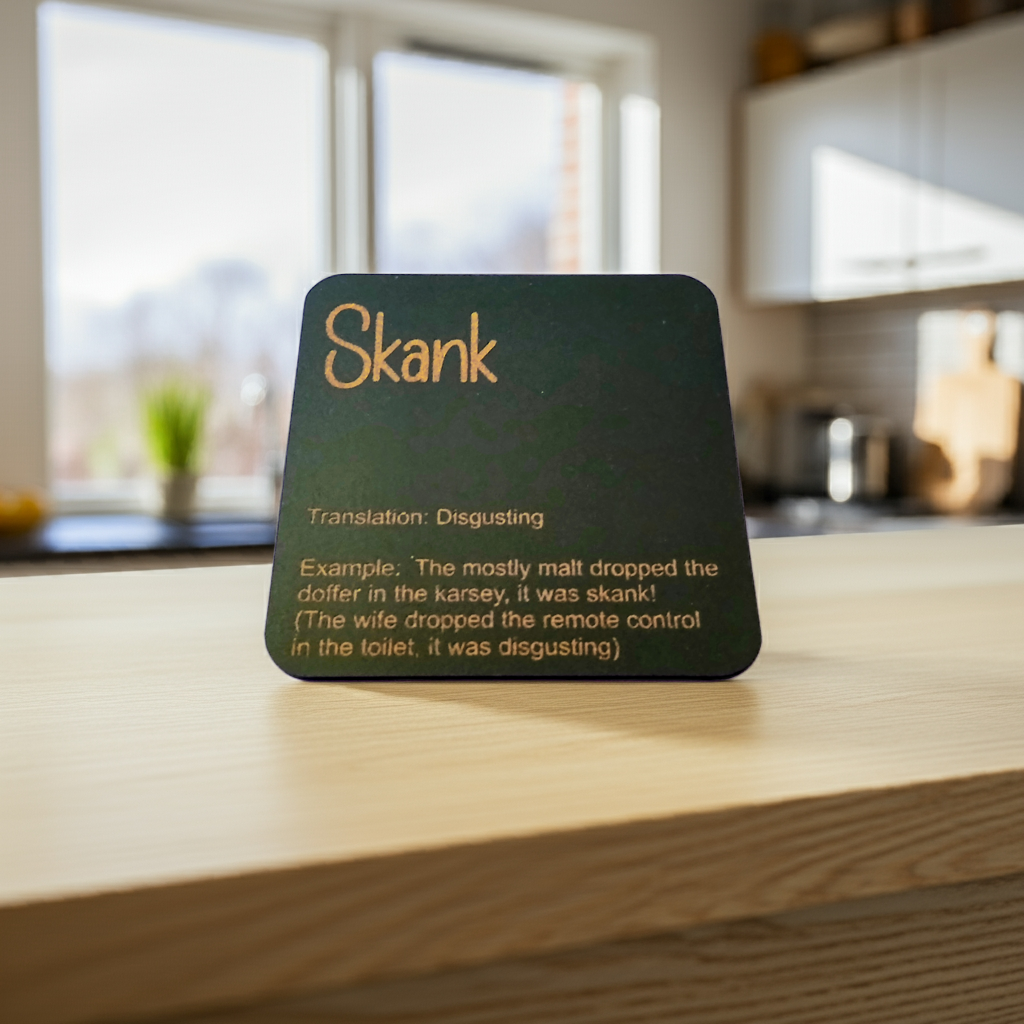 Set of 6, Drink Coasters, County of Kent Unique Meanings and Slang, Black Topped Wood, with bumper feet.