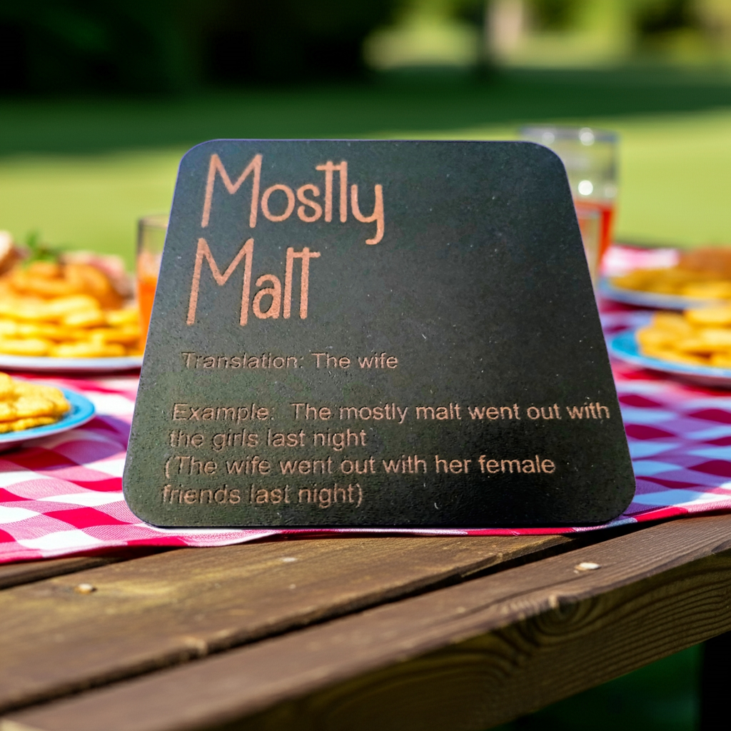 Set of 6, Drink Coasters, County of Kent Unique Meanings and Slang, Black Topped Wood, with bumper feet.