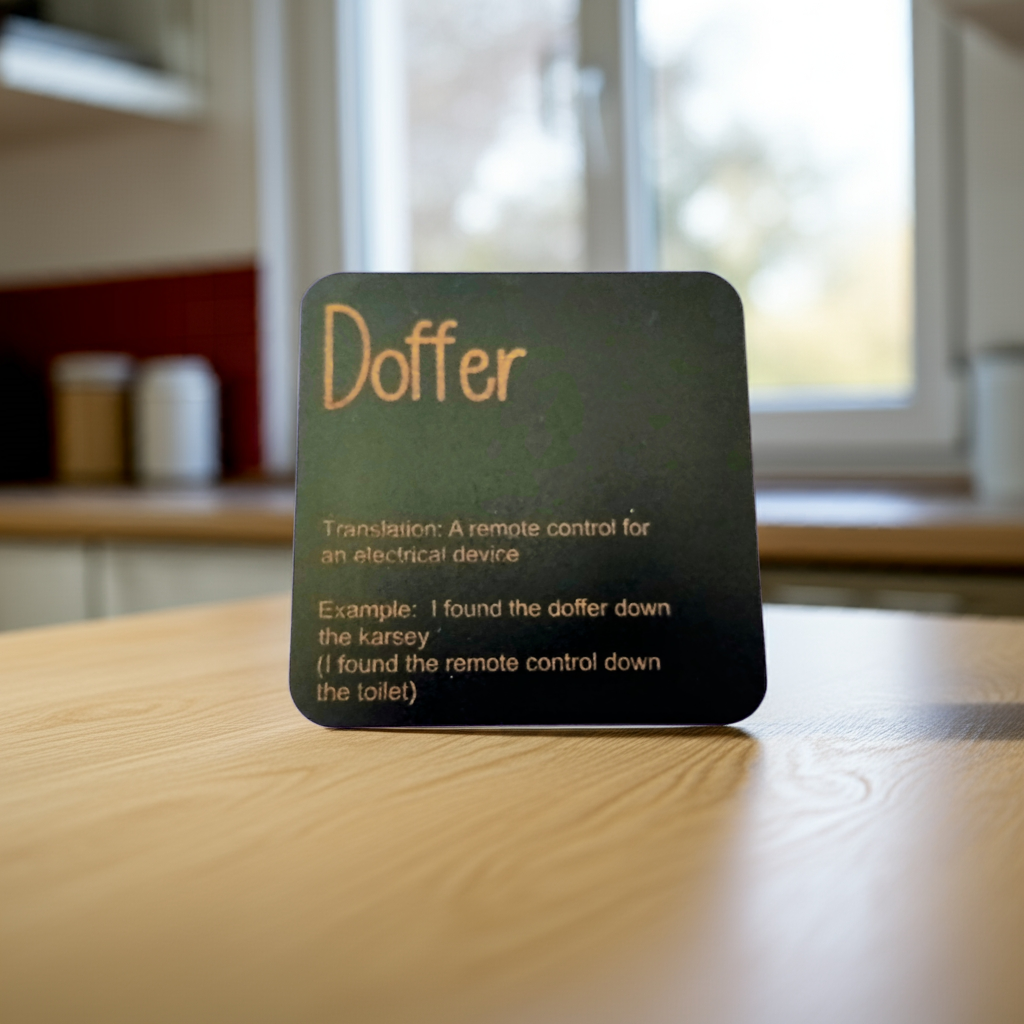 Set of 6, Drink Coasters, County of Kent Unique Meanings and Slang, Black Topped Wood, with bumper feet.