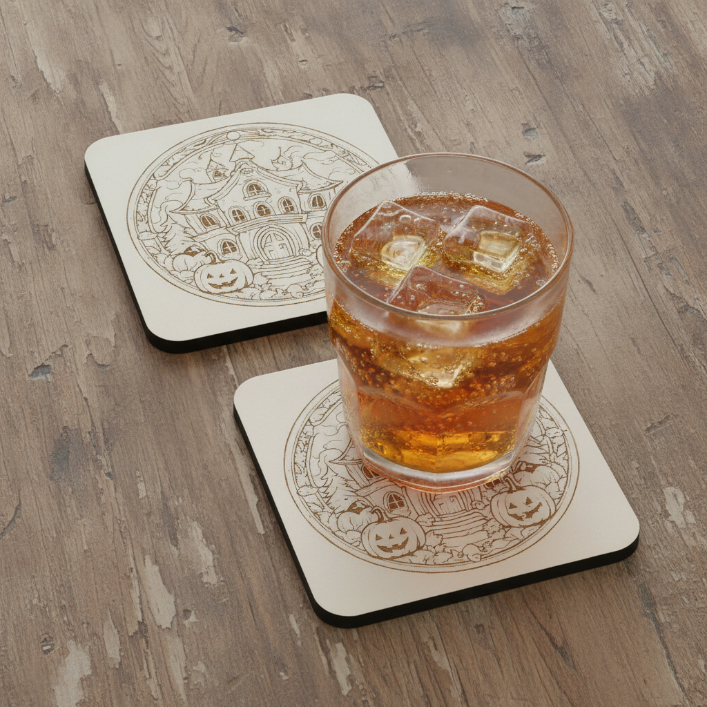Set of 6, Fun Spooky Halloween White Wood Drink Coasters with Bumper Feet, (3 Designs).
