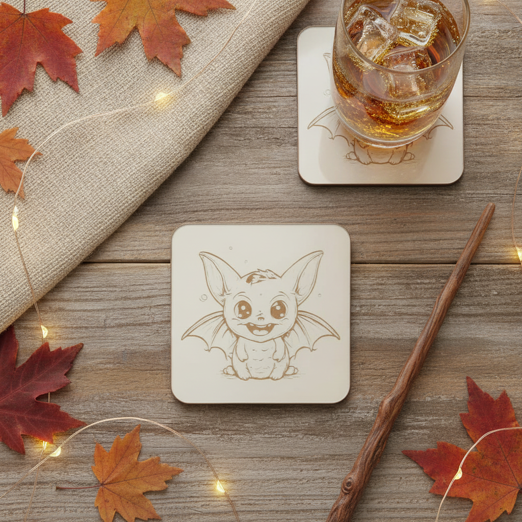 Set of 6, Fun Spooky Halloween White Wood Drink Coasters with Bumper Feet, (3 Designs).