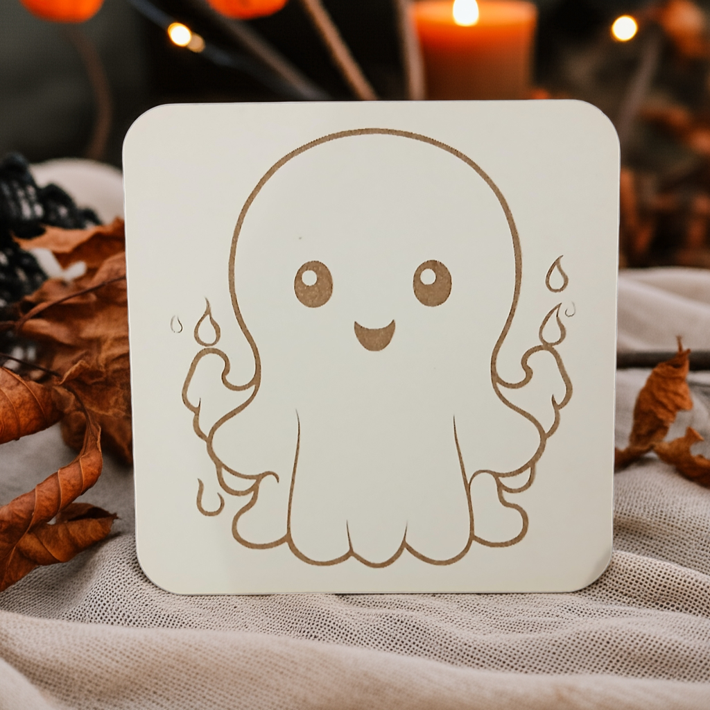 Set of 6, Fun Spooky Halloween White Wood Drink Coasters with Bumper Feet, (3 Designs)