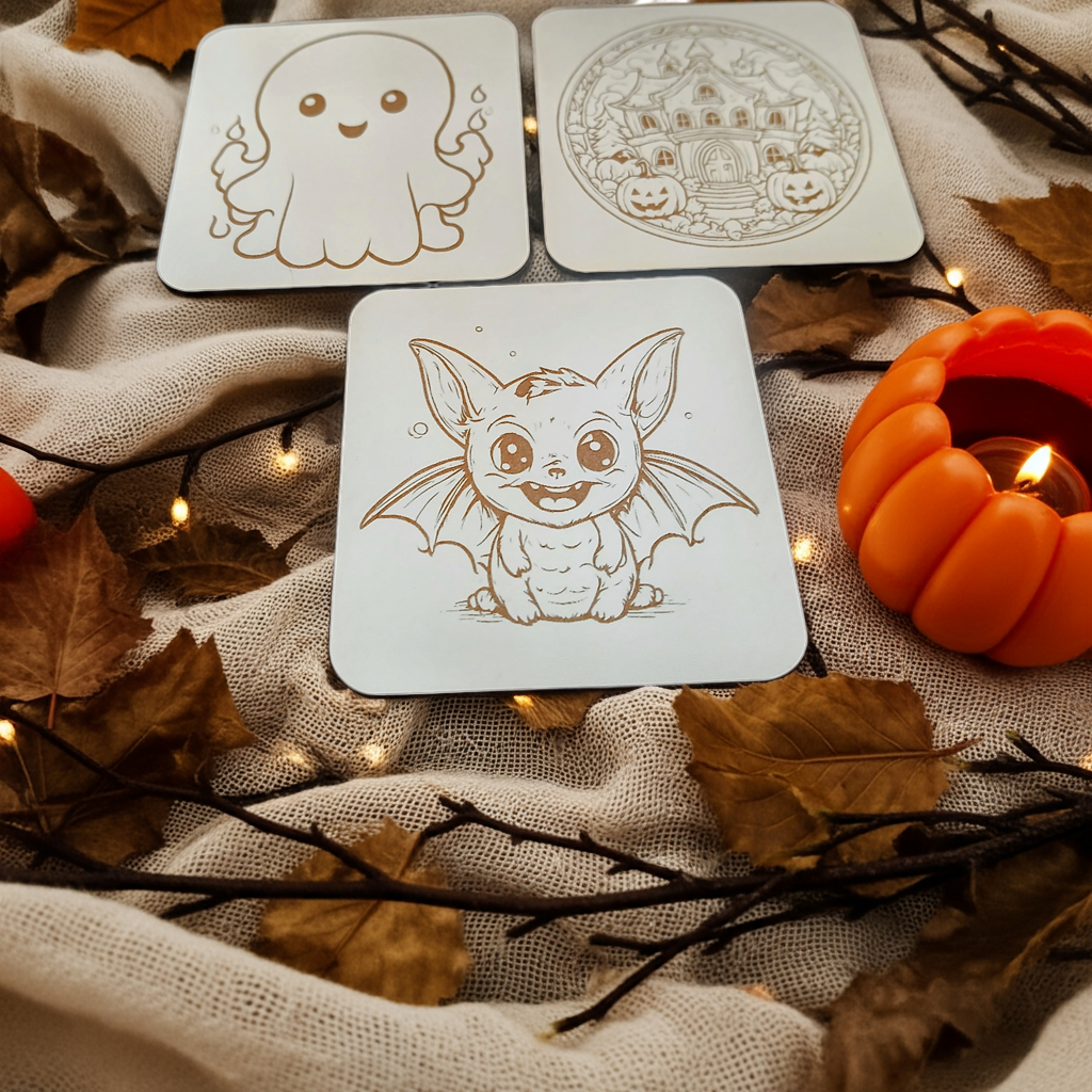 Set of 6, Fun Spooky Halloween White Wood Drink Coasters with Bumper Feet, (3 Designs)