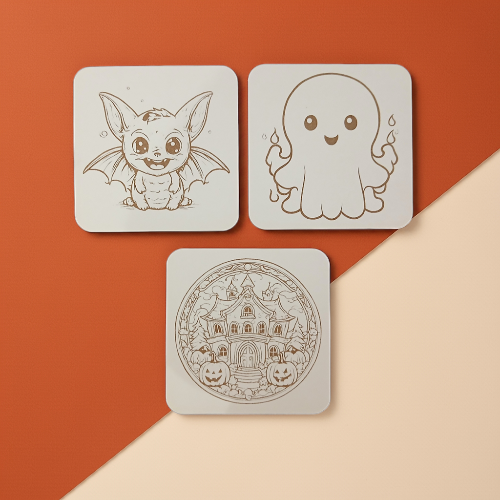 Set of 6, Fun Spooky Halloween White Wood Drink Coasters with Bumper Feet, (3 Designs)