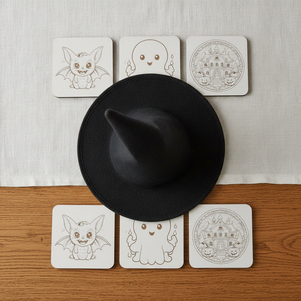 Set of 6, Fun Spooky Halloween White Wood Drink Coasters with Bumper Feet, (3 Designs).