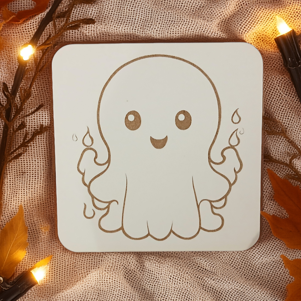 Set of 6, Fun Spooky Halloween White Wood Drink Coasters with Bumper Feet, (3 Designs)