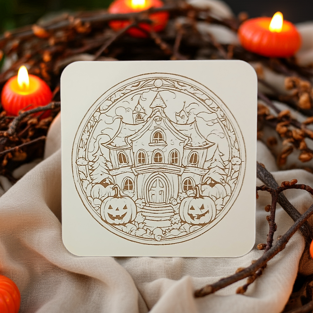 Set of 6, Fun Spooky Halloween White Wood Drink Coasters with Bumper Feet, (3 Designs)