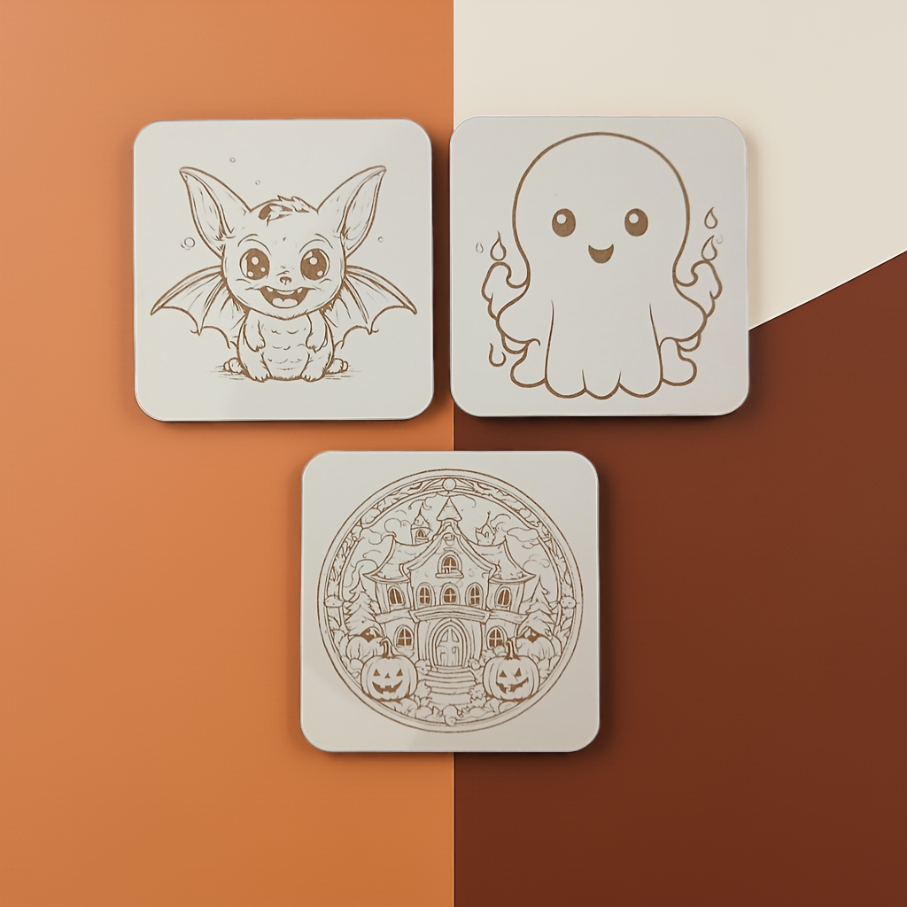Set of 6, Fun Spooky Halloween White Wood Drink Coasters with Bumper Feet, (3 Designs)