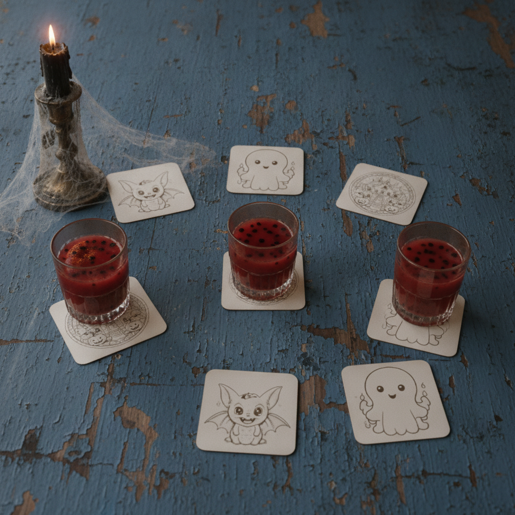 Set of 6, Fun Spooky Halloween White Wood Drink Coasters with Bumper Feet, (3 Designs).