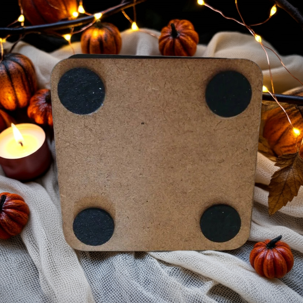 Set of 6, Fun Spooky Halloween White Wood Drink Coasters with Bumper Feet, (3 Designs)