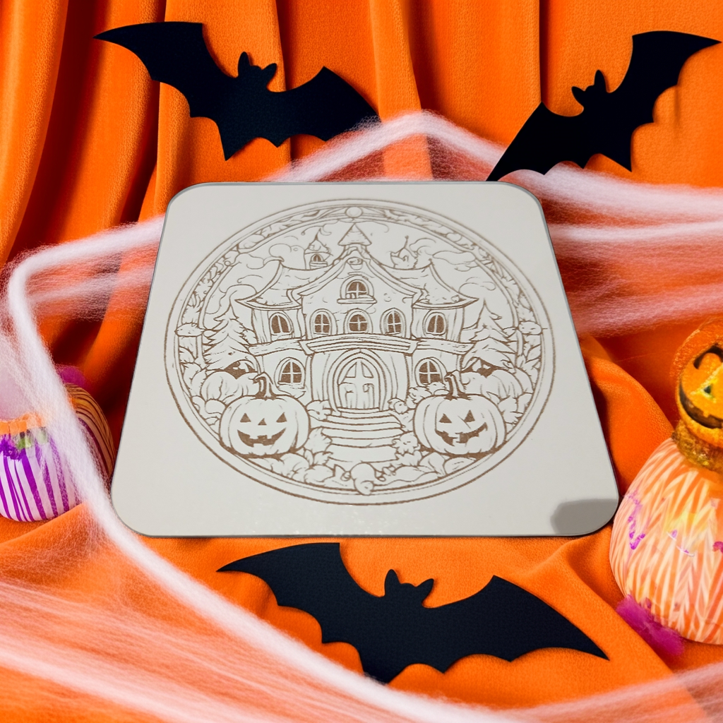 Set of 6, Fun Spooky Halloween White Wood Drink Coasters with Bumper Feet, (3 Designs)