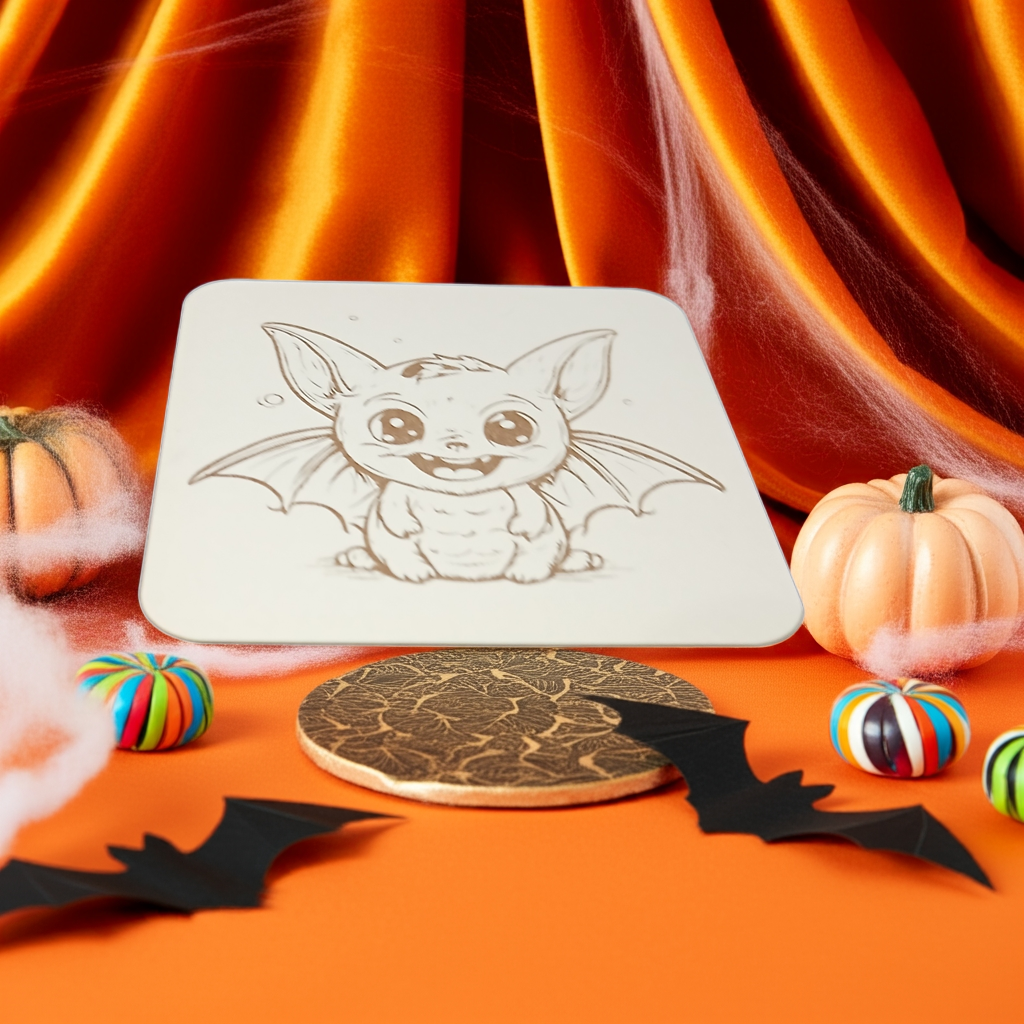 Set of 6, Fun Spooky Halloween White Wood Drink Coasters with Bumper Feet, (3 Designs)
