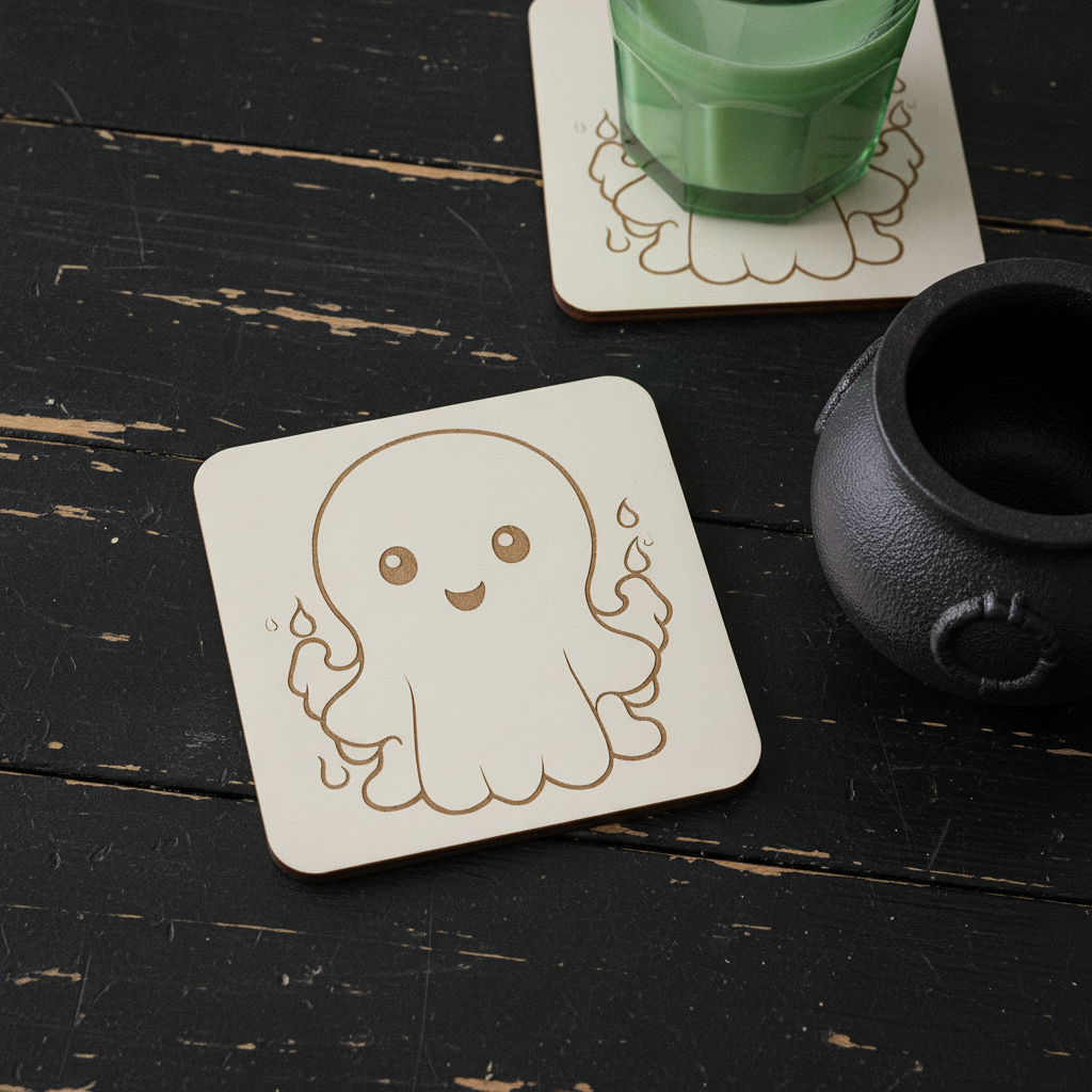 Set of 6, Fun Spooky Halloween White Wood Drink Coasters with Bumper Feet, (3 Designs).