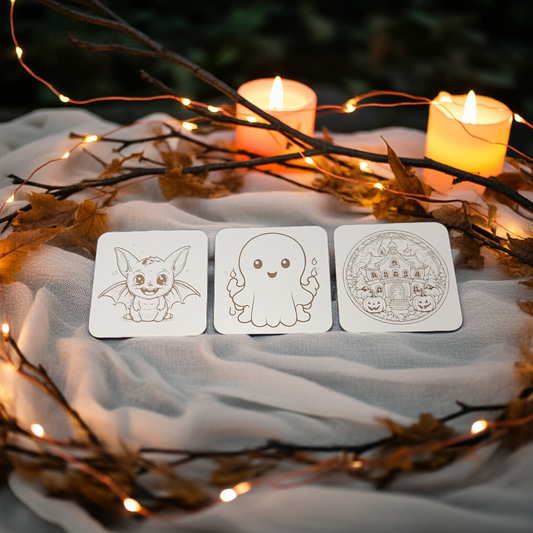 Set of 6, Fun Spooky Halloween White Wood Drink Coasters with Bumper Feet, (3 Designs)