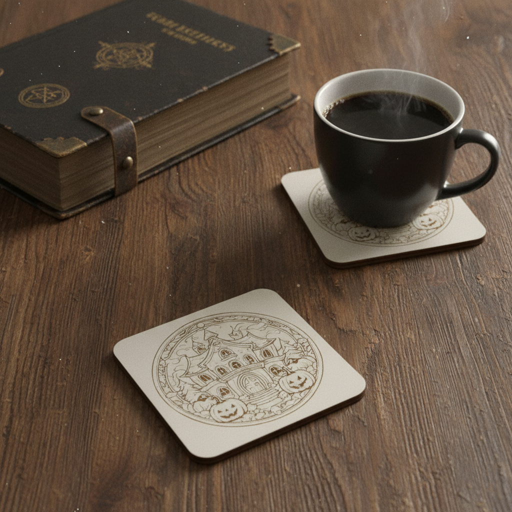 Set of 6, Fun Spooky Halloween White Wood Drink Coasters with Bumper Feet, (3 Designs).