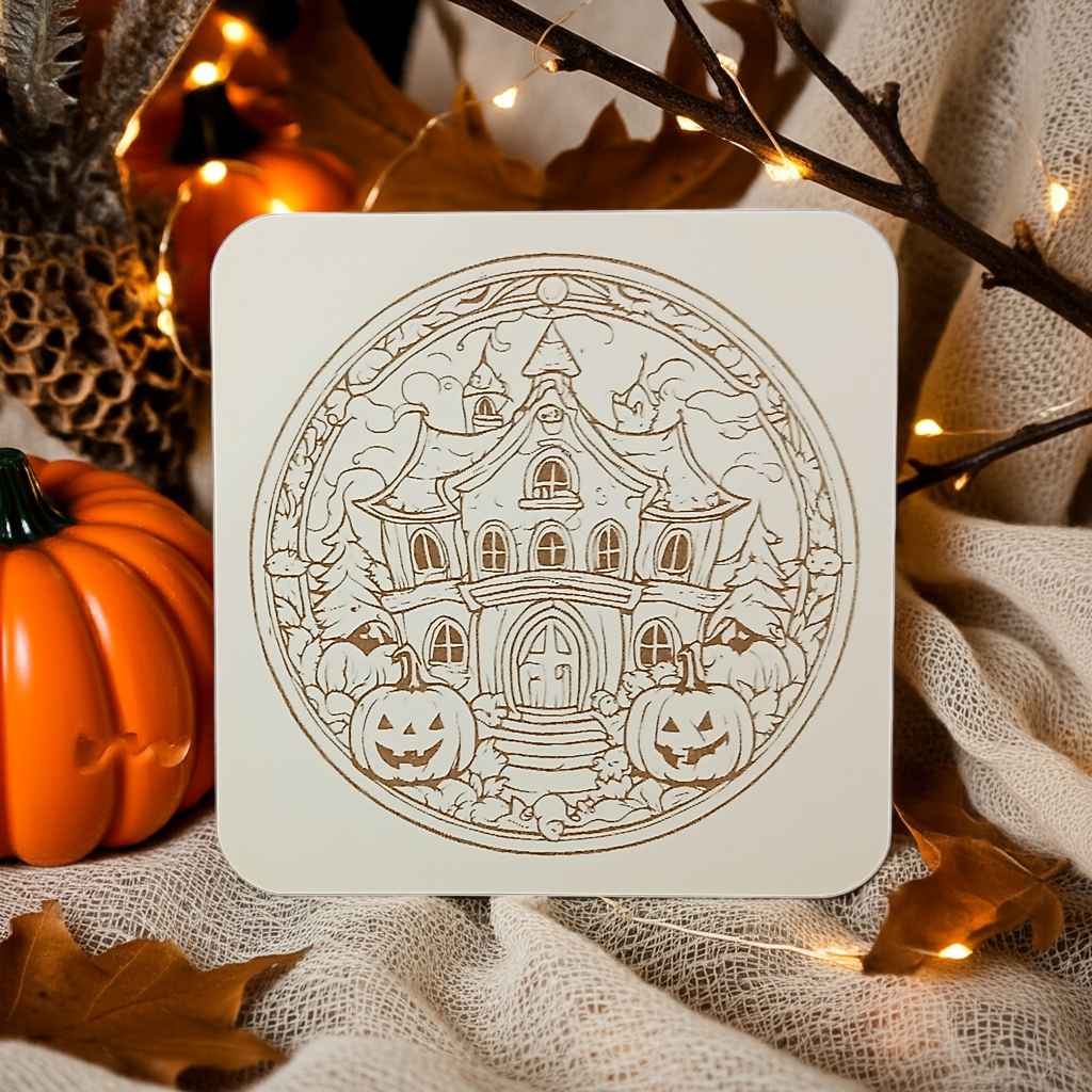 Set of 6, Fun Spooky Halloween White Wood Drink Coasters with Bumper Feet, (3 Designs)