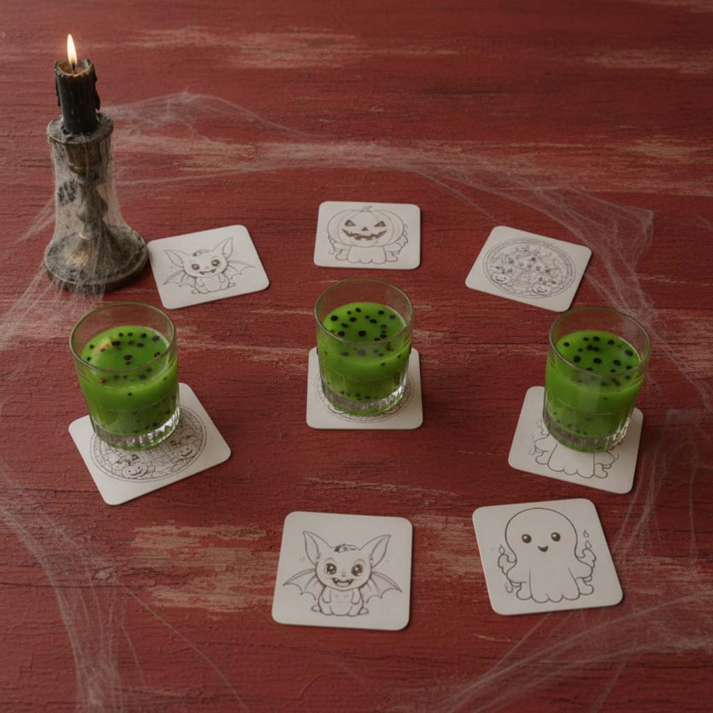 Set of 6, Fun Spooky Halloween White Wood Drink Coasters with Bumper Feet, (3 Designs).