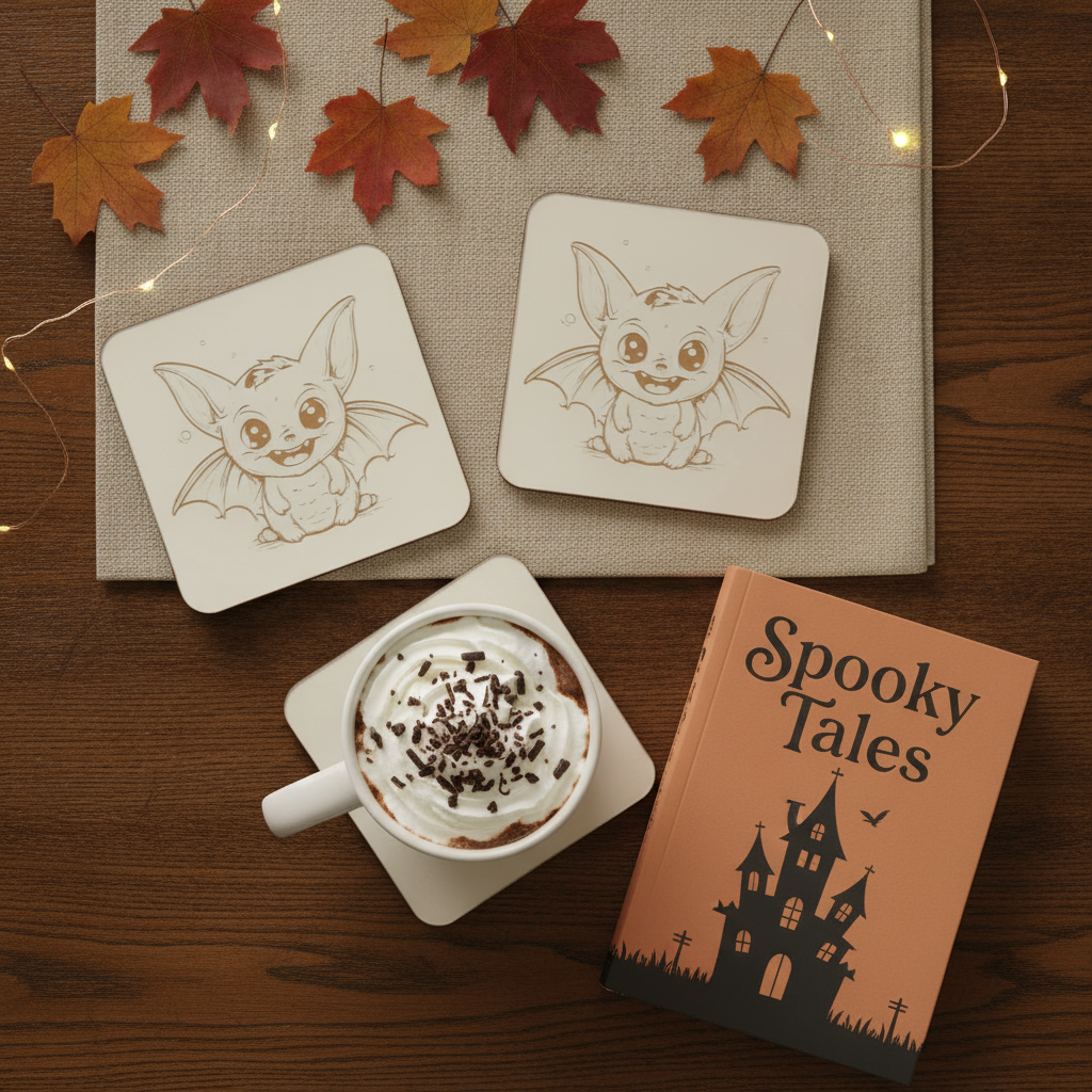 Set of 6, Fun Spooky Halloween White Wood Drink Coasters with Bumper Feet, (3 Designs).