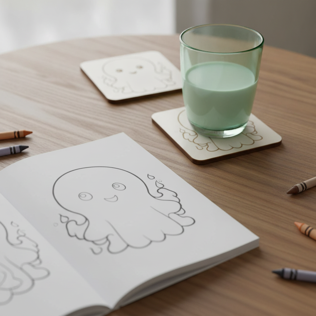 Set of 6, Fun Spooky Halloween White Wood Drink Coasters with Bumper Feet, (3 Designs).