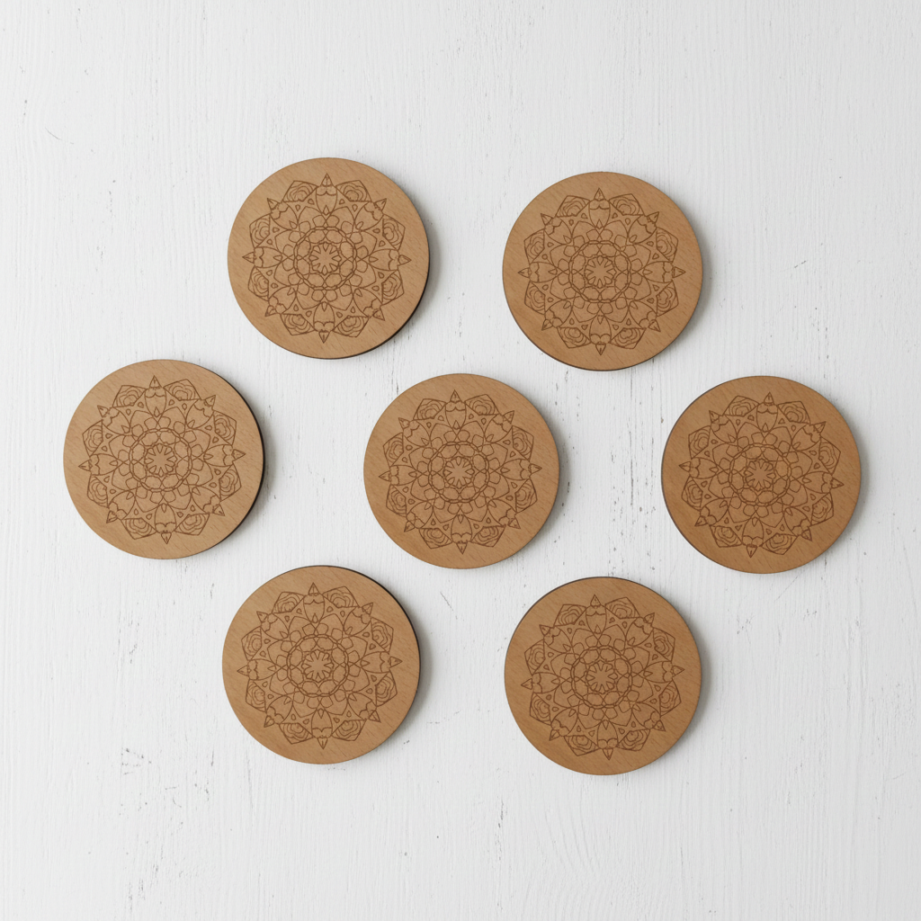 Set of 6, Mandala Pattern, Round, Steamed Beech Drink Coasters, with bumper feet, (95mm diameter).