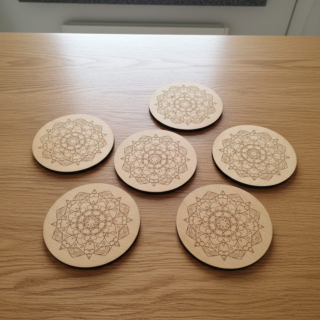 Set of 6, Mandala Pattern, Round, Steamed Beech Drink Coasters, with bumper feet, (95mm diameter).