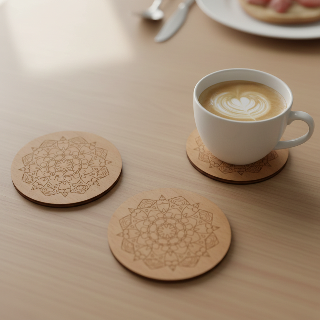 Set of 6, Mandala Pattern, Round, Steamed Beech Drink Coasters, with bumper feet, (95mm diameter).
