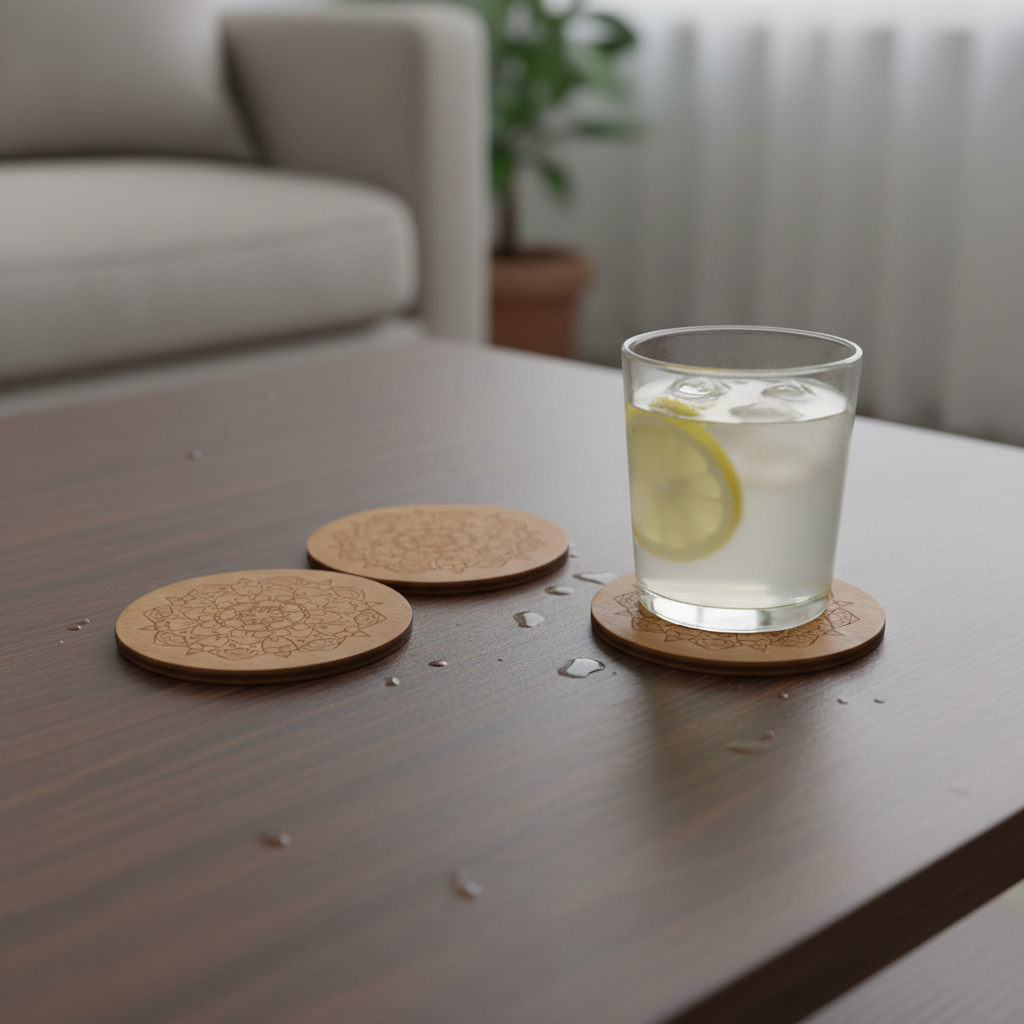 Set of 6, Mandala Pattern, Round, Steamed Beech Drink Coasters, with bumper feet, (95mm diameter).