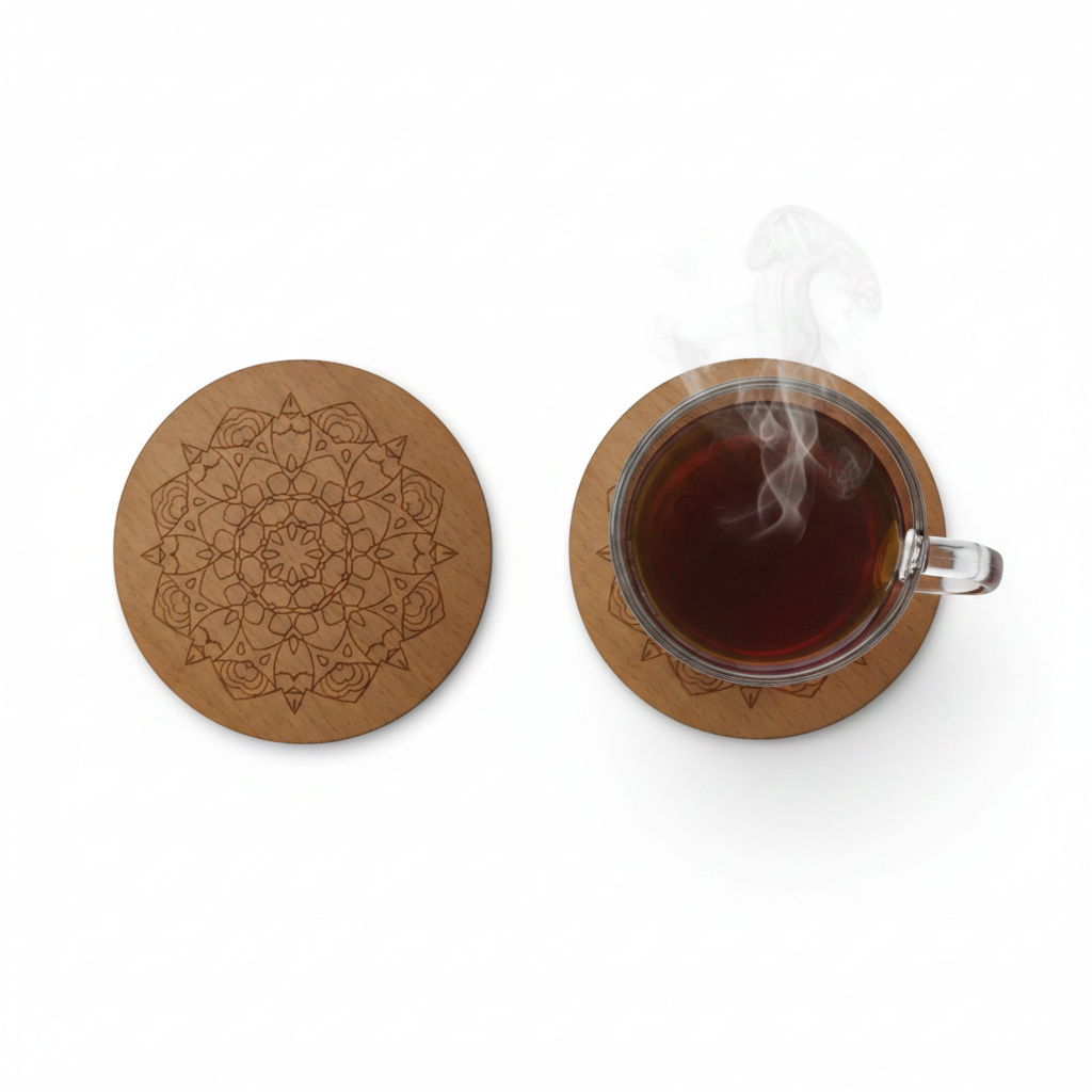 Set of 6, Mandala Pattern, Round, Steamed Beech Drink Coasters, with bumper feet, (95mm diameter).