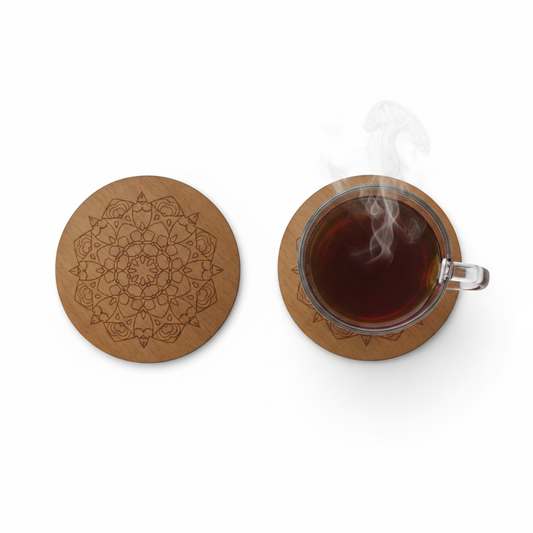 Set of 6, Mandala Pattern, Round, Steamed Beech Drink Coasters, with bumper feet, (95mm diameter).