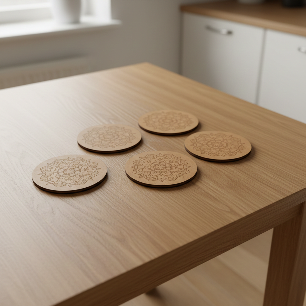 Set of 6, Mandala Pattern, Round, Steamed Beech Drink Coasters, with bumper feet, (95mm diameter).