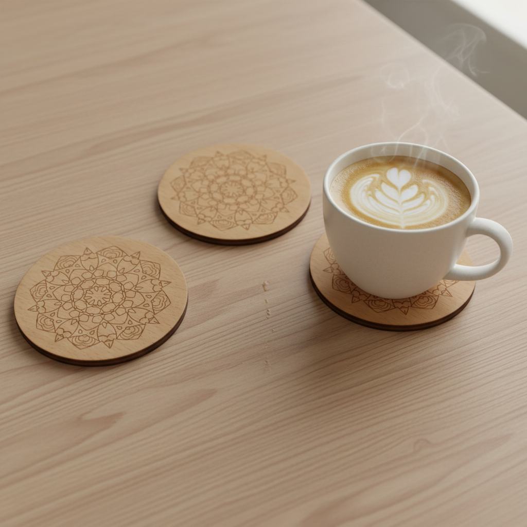 Set of 6, Mandala Pattern, Round, Steamed Beech Drink Coasters, with bumper feet, (95mm diameter).