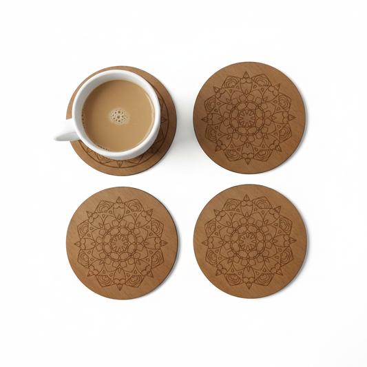 Set of 4, Mandala Pattern, Round, Steamed Beech Drink Coasters, with bumper feet, (95mm diameter).