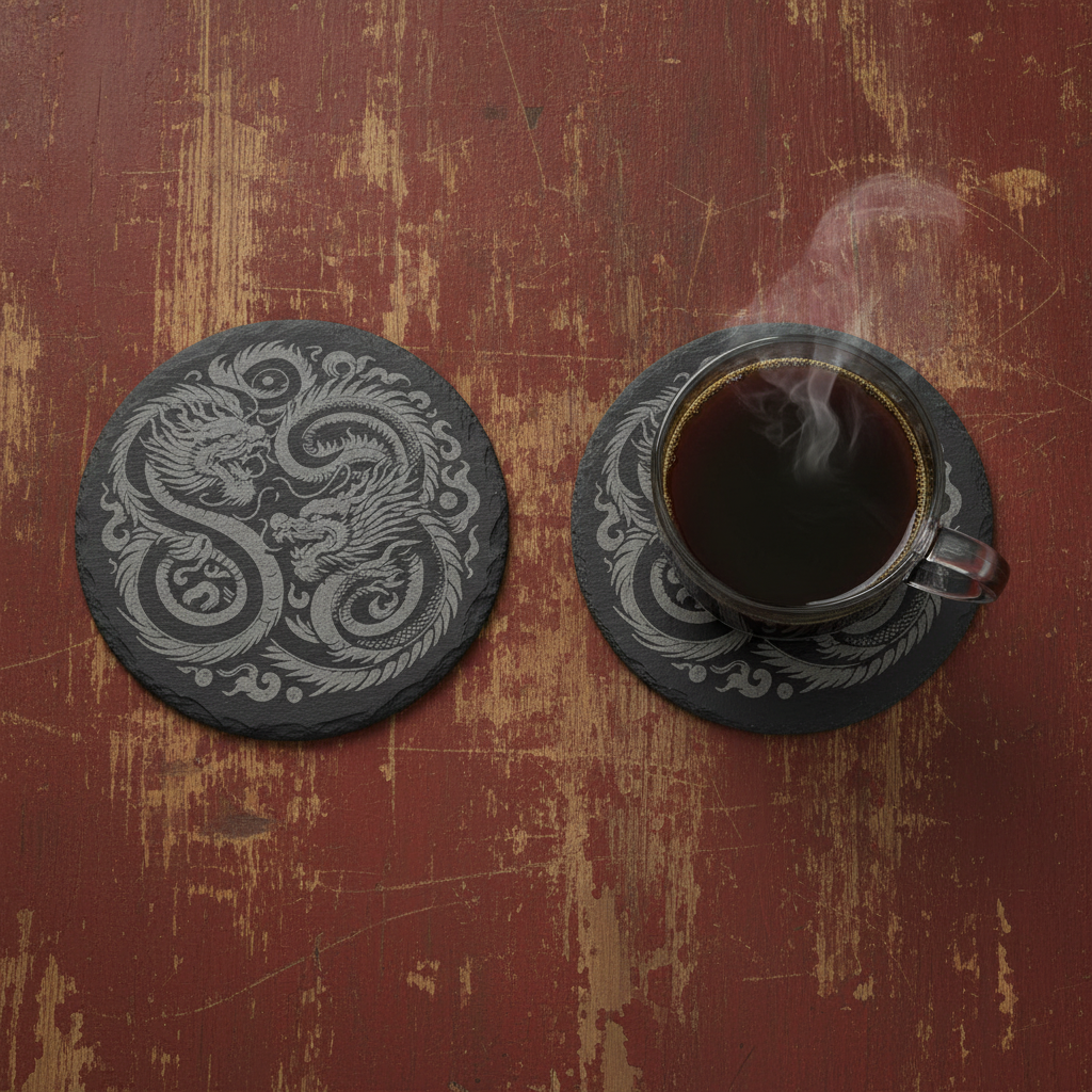 Set of 6, Mythical Dragon Engraved Slate Coasters. 10cm Diameter with Bumper Feet.